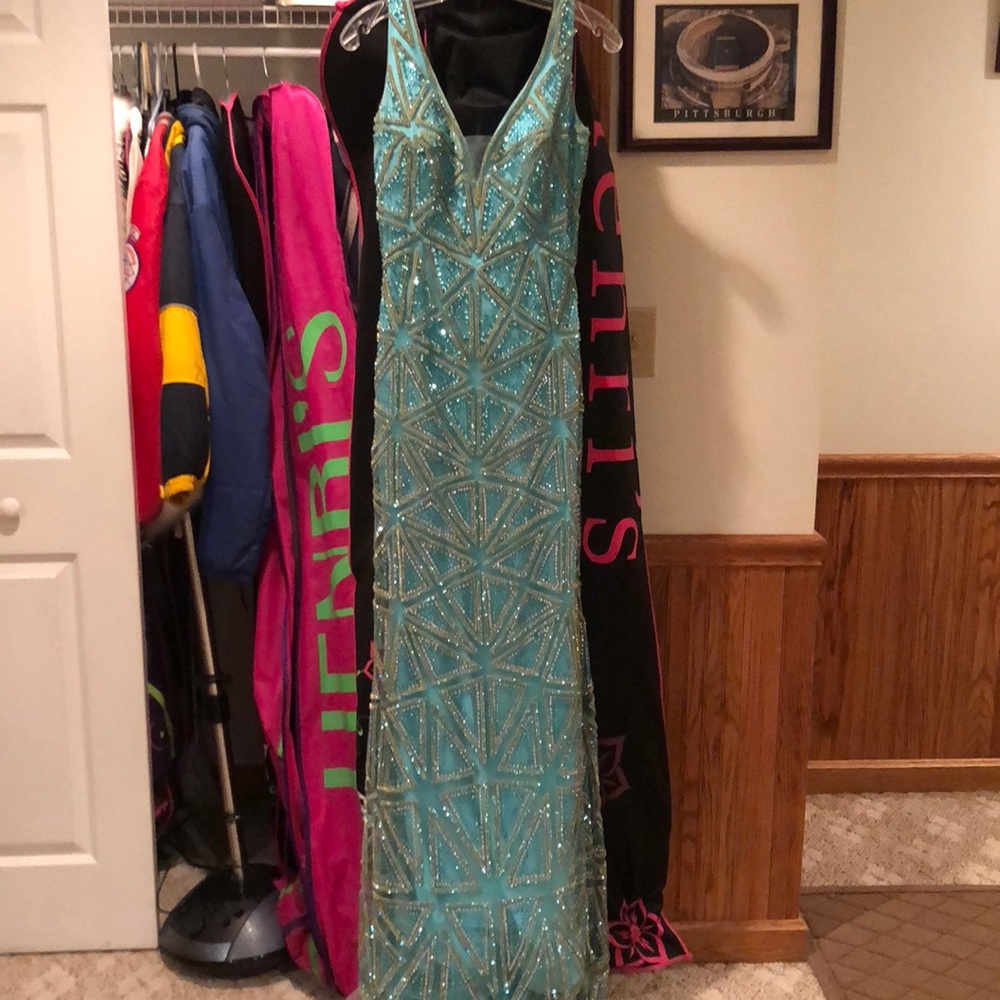 Aqua blue prom dress with silver and gold beading